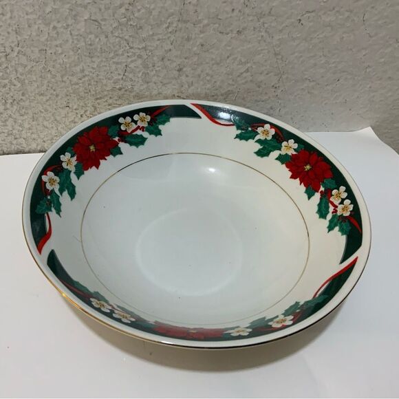 Tienshan “Deck the Halls” Poinsettia Christmas 1ea Serving Bowl 9.25” Fine China - Picture 2 of 6